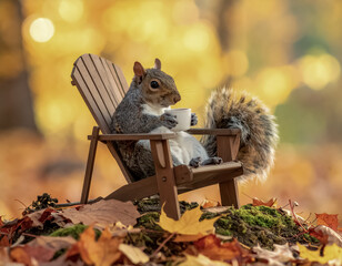 A squirrel relaxes after a job well done in an adirondack chair, holding a mug. retirement or relaxation after hard work theme. background with copy space.