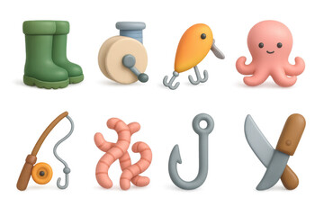 Fototapeta premium Cute 3d fishing icons: boots, reel, lure, octopus, rod, worms, hook, knife