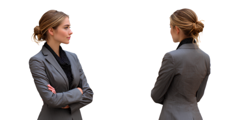 portrait of a smiling business woman in a suit, standing with her arms crossed, isolated on a transparent png