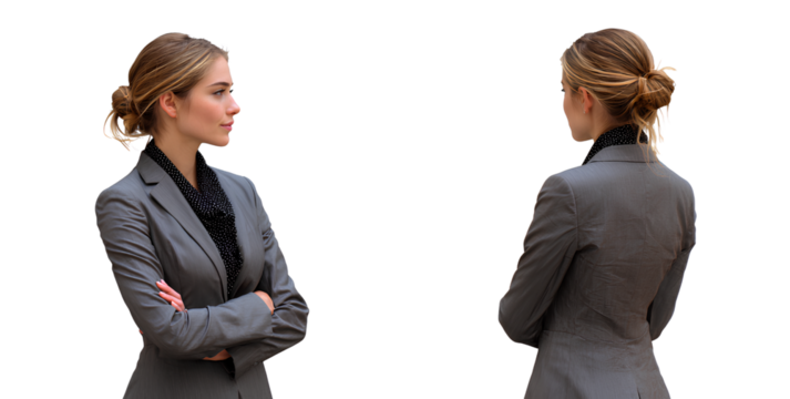 portrait of a smiling business woman in a suit, standing with her arms crossed, isolated on a transparent png