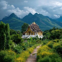 Temple nestled in lush valley, mountains backdrop