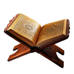 Fototapeta premium Al Quran on Wooden Rehal Stand, Transparent PNG.