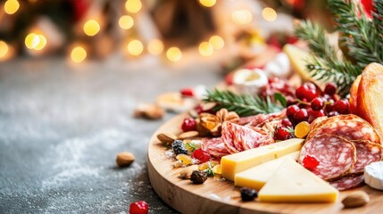 Festive cheese and meat platter with holiday decorations and seasonal fruits