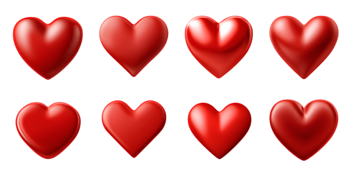  set of red hearts isolated on a transparent background, cutout png file with no black  - Powered by Adobe