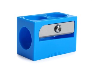 Obraz premium Blue plastic pencil sharpener isolated on white
