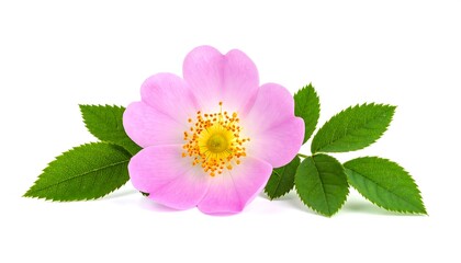 Close-up of a delicate pink rosehip flower and leaves