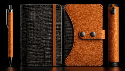 Dark & orange textured notebook, wallet, and pen set