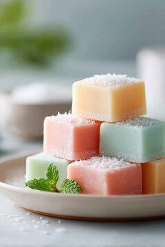 Colorful Kue Cubir cakes elegantly stacked and garnished with coconut on a plate