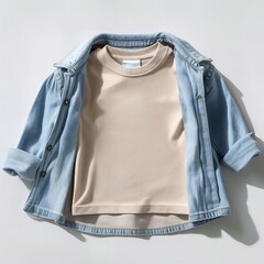kids  2 layers T-shirt mock up with denim Jacket for Design tshirt template, print presentation mock-up, product mockup, off-white t-shirt with light blue Demin jacket