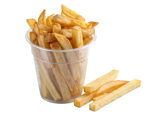 Golden Crispy French Fries in a Clear Cup, a Delicious and Popular Snack,  Isolated on Transparent Background