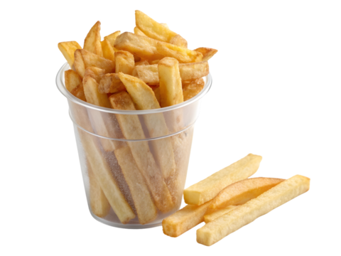 Golden Crispy French Fries in a Clear Cup, a Delicious and Popular Snack,  Isolated on Transparent Background
