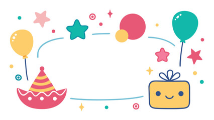 Cute Kids Birthday Place Cards Vector &ndash; Hand-Drawn Crayon Style with Balloons, Cake and Blank Space for Name