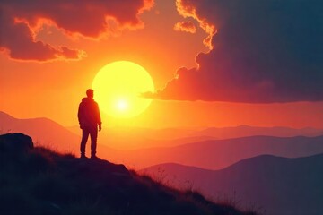 A lone, silhouetted figure stands before a radiant sunrise, symbolizing hope and spiritual transcendence The scene evokes themes of release, peace, and finding inner light , escape, liberation