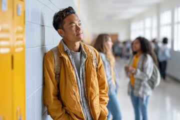 Teenage boy stands alone in lively hallway, reflecting in crowd of cheerful classmates
