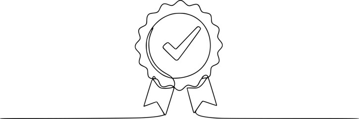 Award badge continuous line art drawn. Approval check sign. Certificate contour line. Vector illustration isolated on white.
