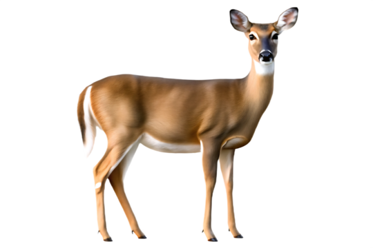 a realistic photograph of a white tailed deer standing isolated on white background, png, ai generated
