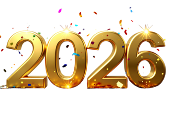 3D Golden Numbers 2026 with Sparkles and Confetti, Happy New Year Celebration, Transparent Background