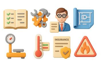 3d business and safety icons: checklist, tools, engineer, blueprint, scale, thermometer, insurance, warning