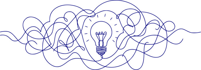 Chaotic lines with lightbulb continuous line drawing. Creative idea process. Mental health concept. Problem solving and idea search symbol. Vector illustration isolated on white.