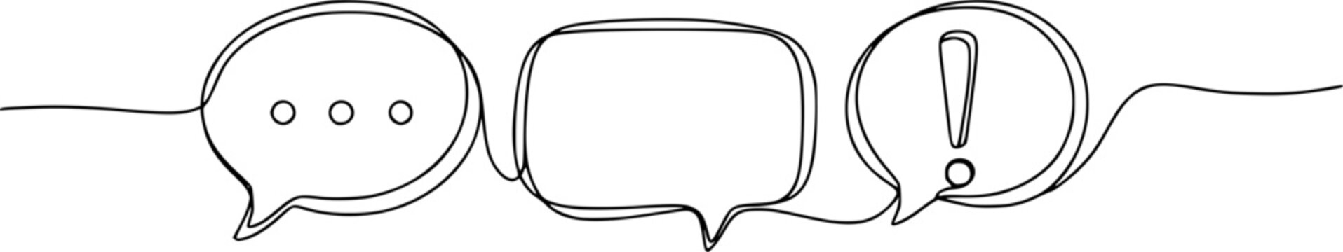 Speech bubbles with question and exclamation mark continuous one line drawing. Chat linear symbol. Dialogue sign. Vector illustration isolated on white. 