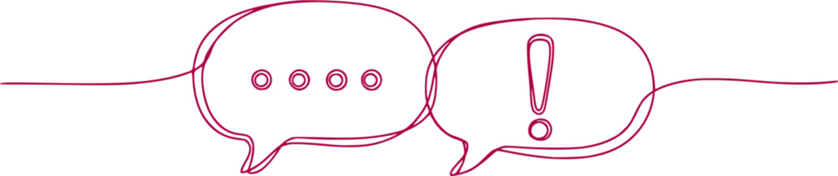 Speech bubbles with question and exclamation mark continuous one line drawing. Chat linear symbol. Dialogue sign. Vector illustration isolated on white. 