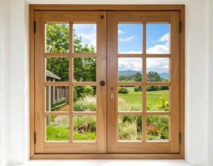 Wooden double doors with a view of a landscape