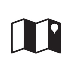 Illustration of a simple map icon the map is folded and has a location pin on it the icon is black and the background is white it is a minimalist design