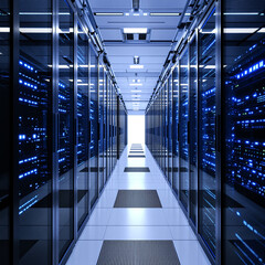 Server racks in a modern data center with glowing LED lights, high-tech environment
