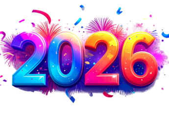 Colorful 3D Numbers 2026 with Fireworks and Party Effects