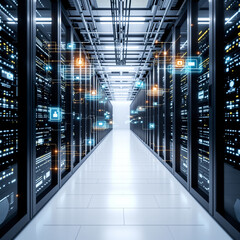 Server racks with holographic edge devices interconnected, modern data technology