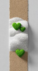 Two pairs of small green hearts atop textured, white, sandy hills on a tan strip