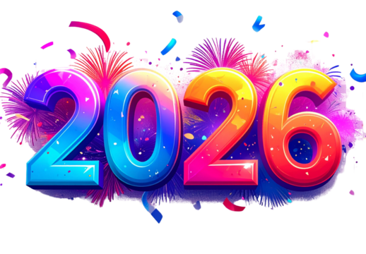 Colorful 3D Numbers 2026 with Fireworks and Party Effects - Powered by Adobe