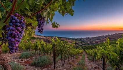 Lush vineyard at sunset over ocean