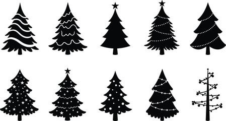 Christmas tree silhouette set, black and white vector icons, festive holiday design, decorated pine trees, star topper, ornaments, minimalist style, seasonal clipart, winter theme, graphic elements