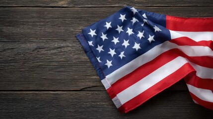 Obraz premium Horizontal American flag display on a rustic wooden table with ample room for personalized text and celebration messages