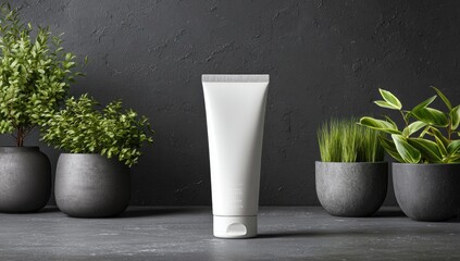 White tube product, surrounded by potted plants on a dark gray surface