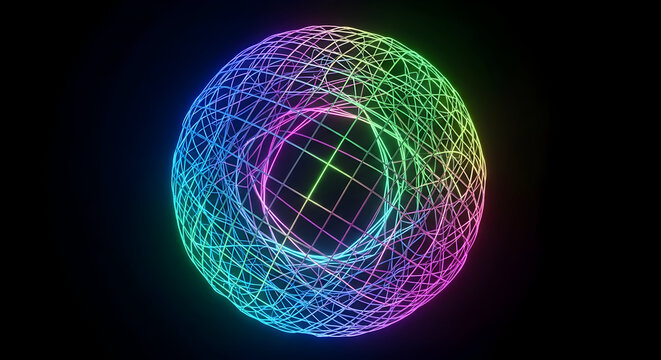 Abstract 3d geometric torus shape with vibrant rainbow spectrum of neon lights against a dark black background representing technology and digital art - Powered by Adobe
