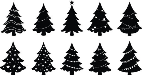 Christmas tree silhouette set, black and white vector icons, festive holiday design, decorated pine trees, star topper, ornaments, minimalist style, seasonal clipart, winter theme, graphic elements