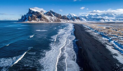 Dramatic black sand beach meets icy mountains