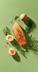 Salmon fillet, eggs, herbs, and spices on a light green background