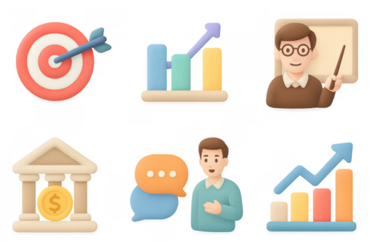 Colorful 3d business icons: target, growth chart, communication, banking, presentation