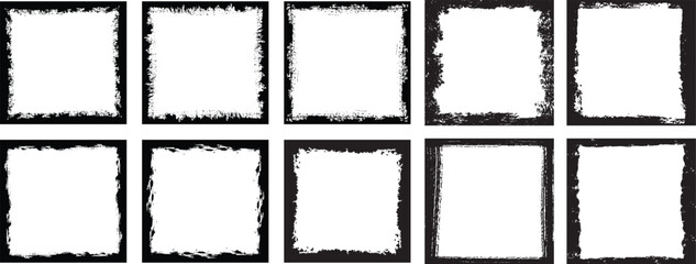 Set of black grunge rectangular and square borders with rough textured edges, distressed handmade frames, rustic abstract outlines, and creative graphic design elements.