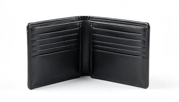 A close up shot of an open black leather wallet showcasing its card slots and interior design details