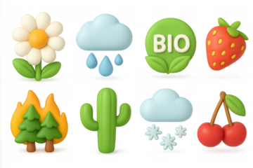 Colorful 3d nature icons with weather and fruit themes