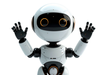 Transparent Background 3D White Robot Waving Both Hands, Friendly Tech Mascot