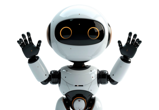Transparent Background 3D White Robot Waving Both Hands, Friendly Tech Mascot