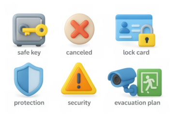 Security and safety 3d icons set: key, shield, lock card, evacuation signs