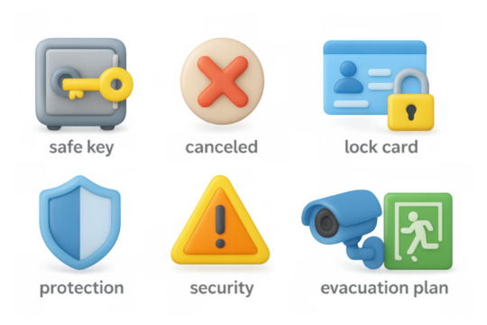 Security and safety 3d icons set: key, shield, lock card, evacuation signs