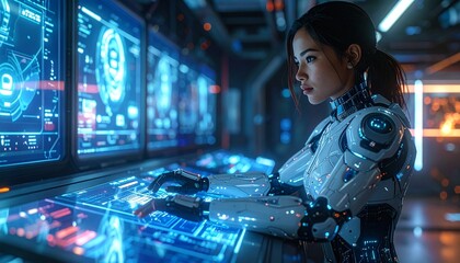 Futuristic Tech Vision Woman Navigating a Cyberpunk Control Room