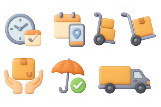 3d delivery and logistics icons set with clock, package, and truck symbols